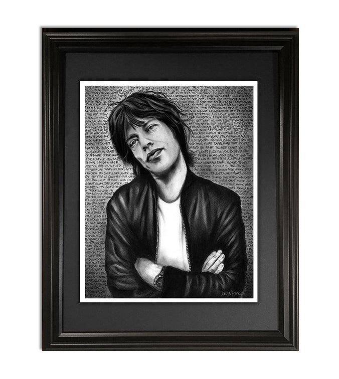 Framed sample of Mick Jagger print by Dean Pickup Art