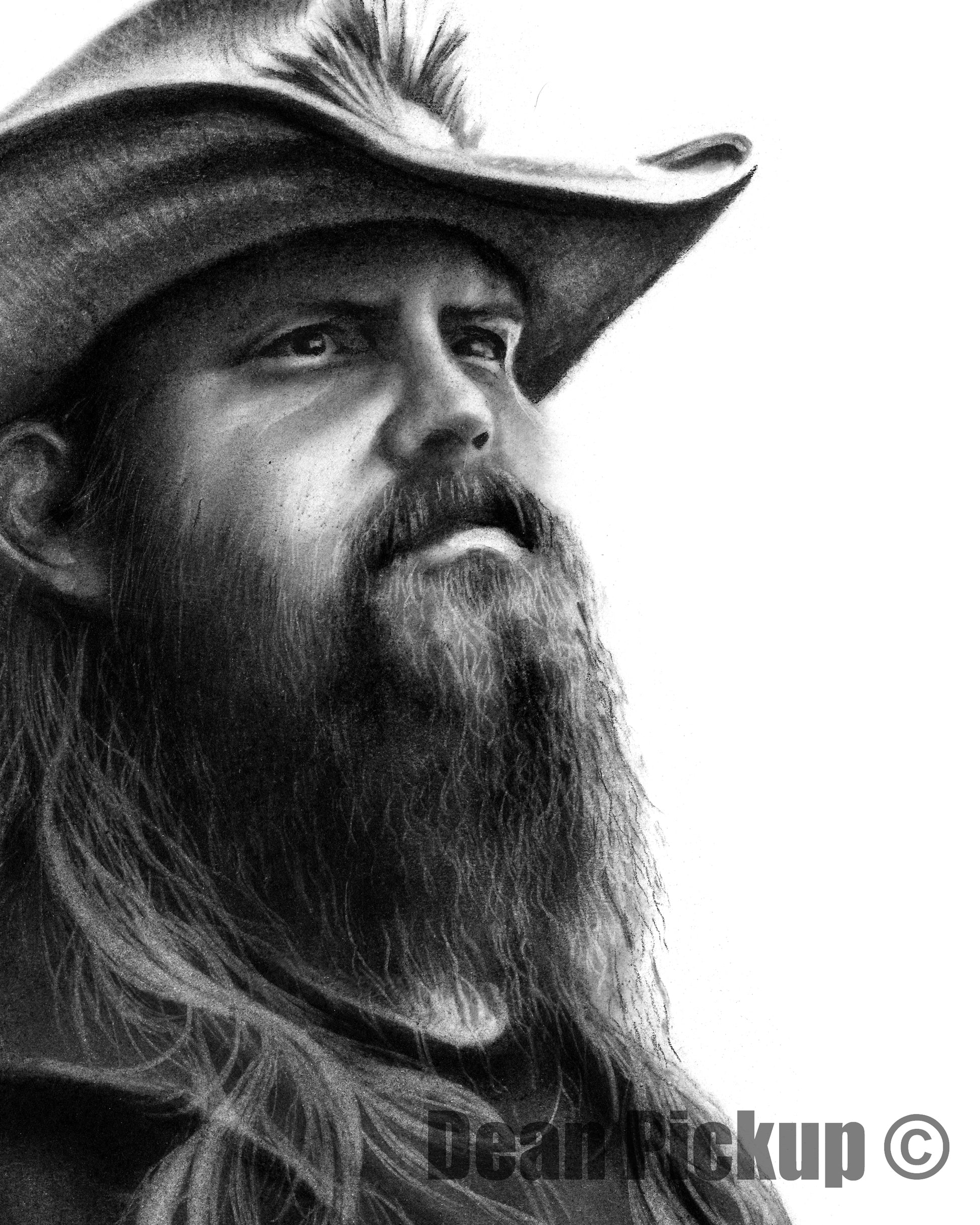 Detail of Chris Stapleton drawn by Dean Pickup. Art prints for sale